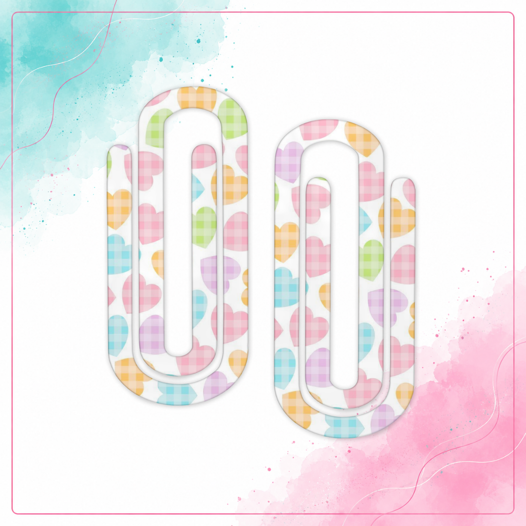 Pastel Gingham Hearts Jumbo Paper Clips with colorful plaid hearts on a white background