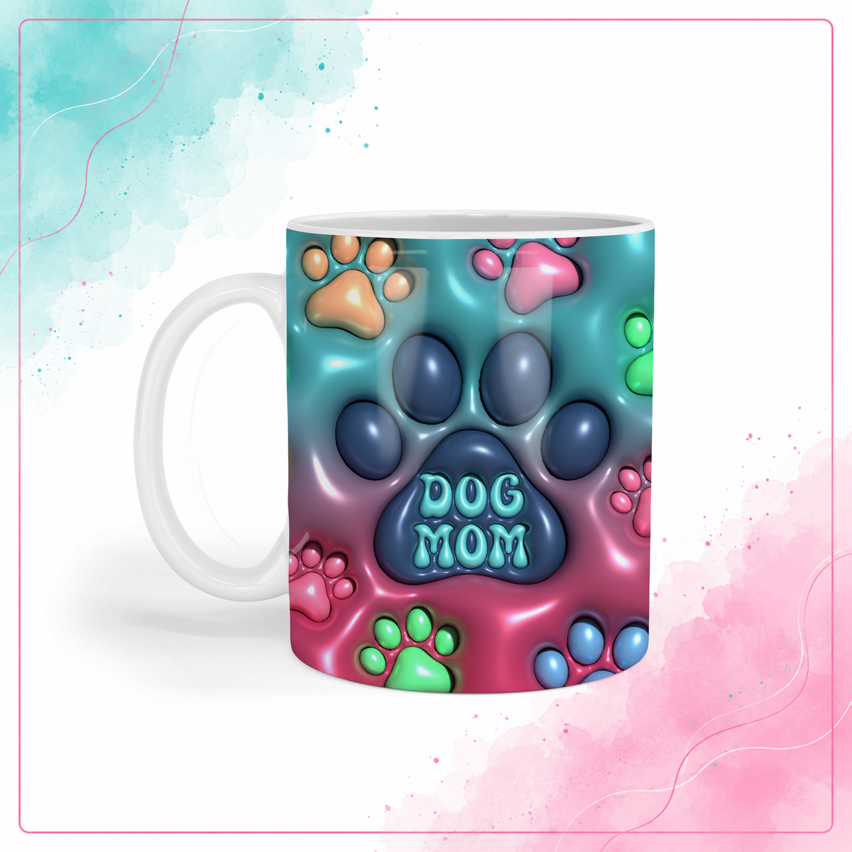 White ceramic mug with a colorful wraparound paw print design and Dog Mom lettering