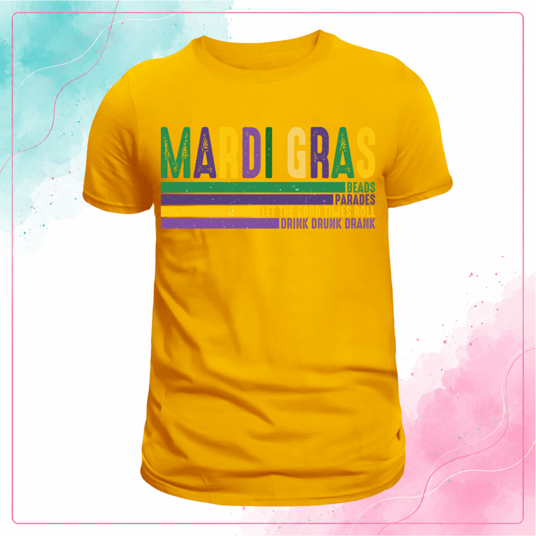 Yellow Mardi Gras T-shirt with distressed purple, green, and gold lettering and horizontal slogan stripes.