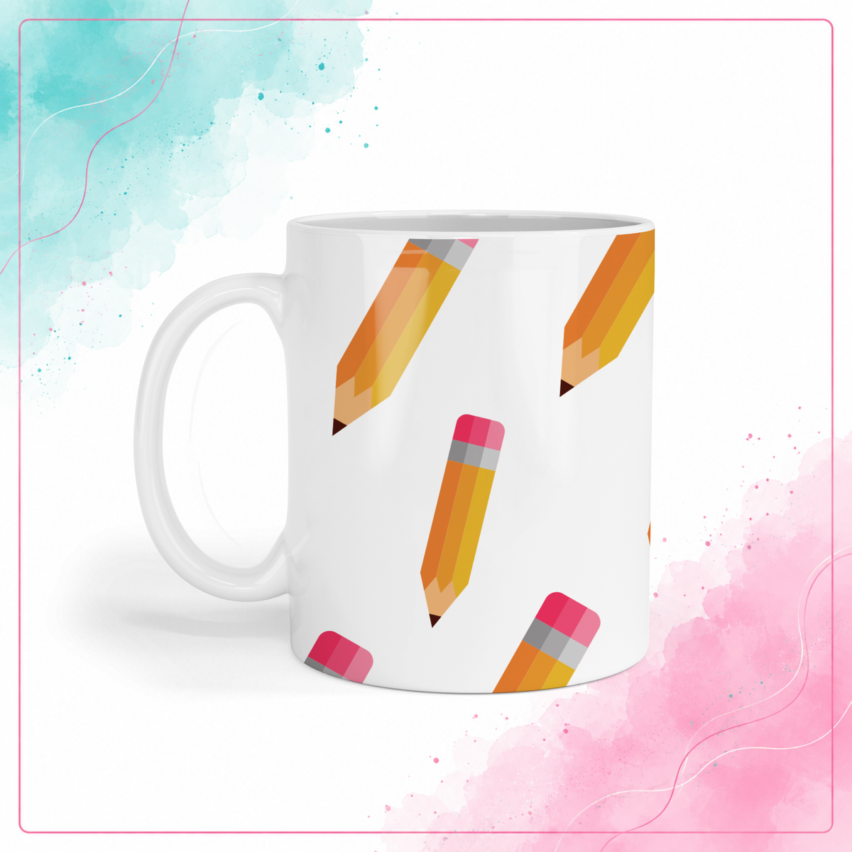 White ceramic teacher mug with a wraparound yellow pencil pattern and pink erasers