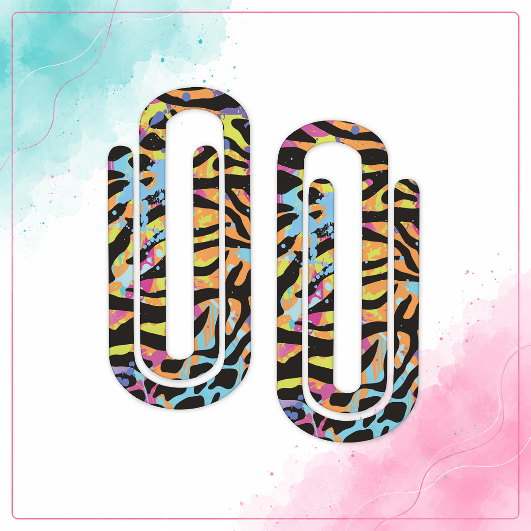 Neon Graffiti Animal Print Jumbo Paper Clips with black stripes and colorful paint splashes