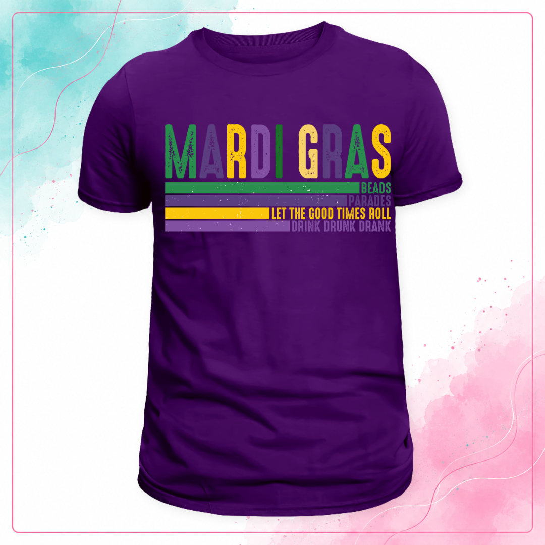 Purple Mardi Gras T-shirt with distressed purple, green, and gold lettering and horizontal slogan stripes.