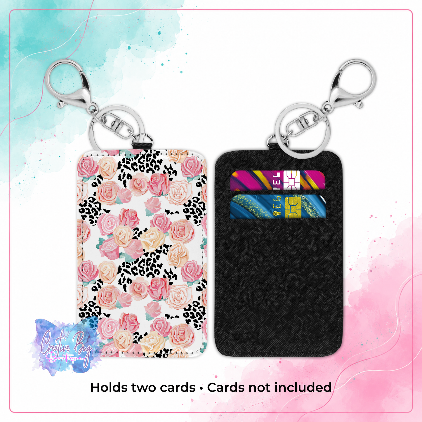 Front and back view of blush leopard floral keychain card holder showing two card slots