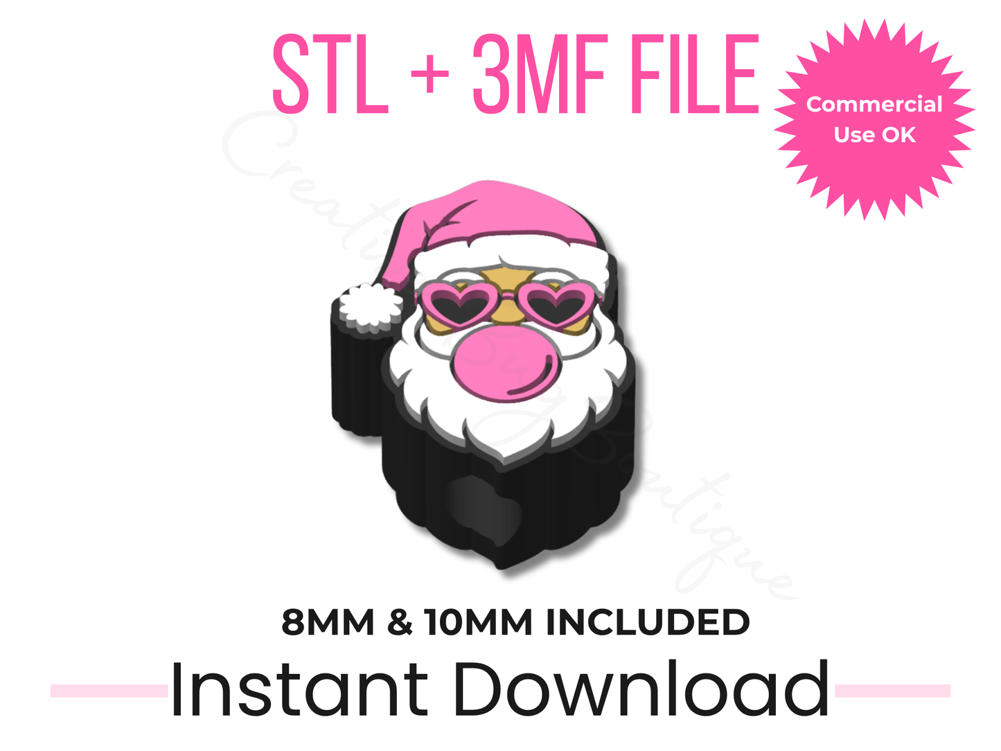 Bubblegum Santa Straw Topper STL File | 8mm & 10mm Stanley Cup Accessory (Digital Download)
