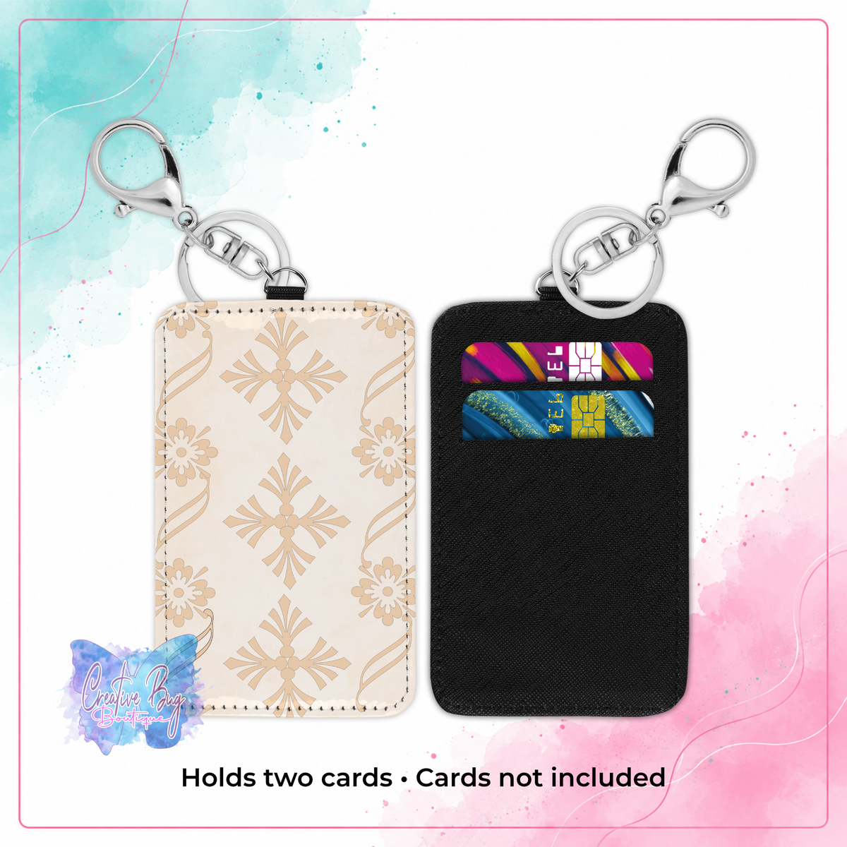 Front and back of Champagne Floral keychain card holder showing two card slots