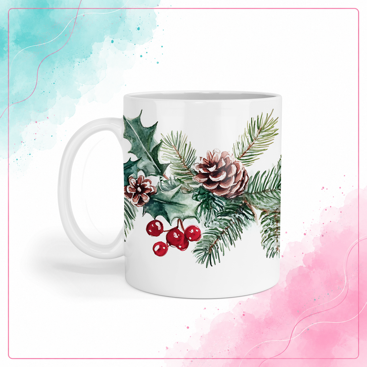 Watercolor Christmas mug with pinecones, holly leaves, and red berries