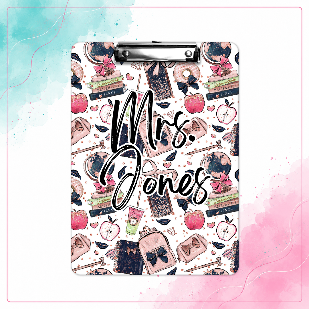 Classroom Chic personalized teacher clipboard with books bows globes and school supplies
