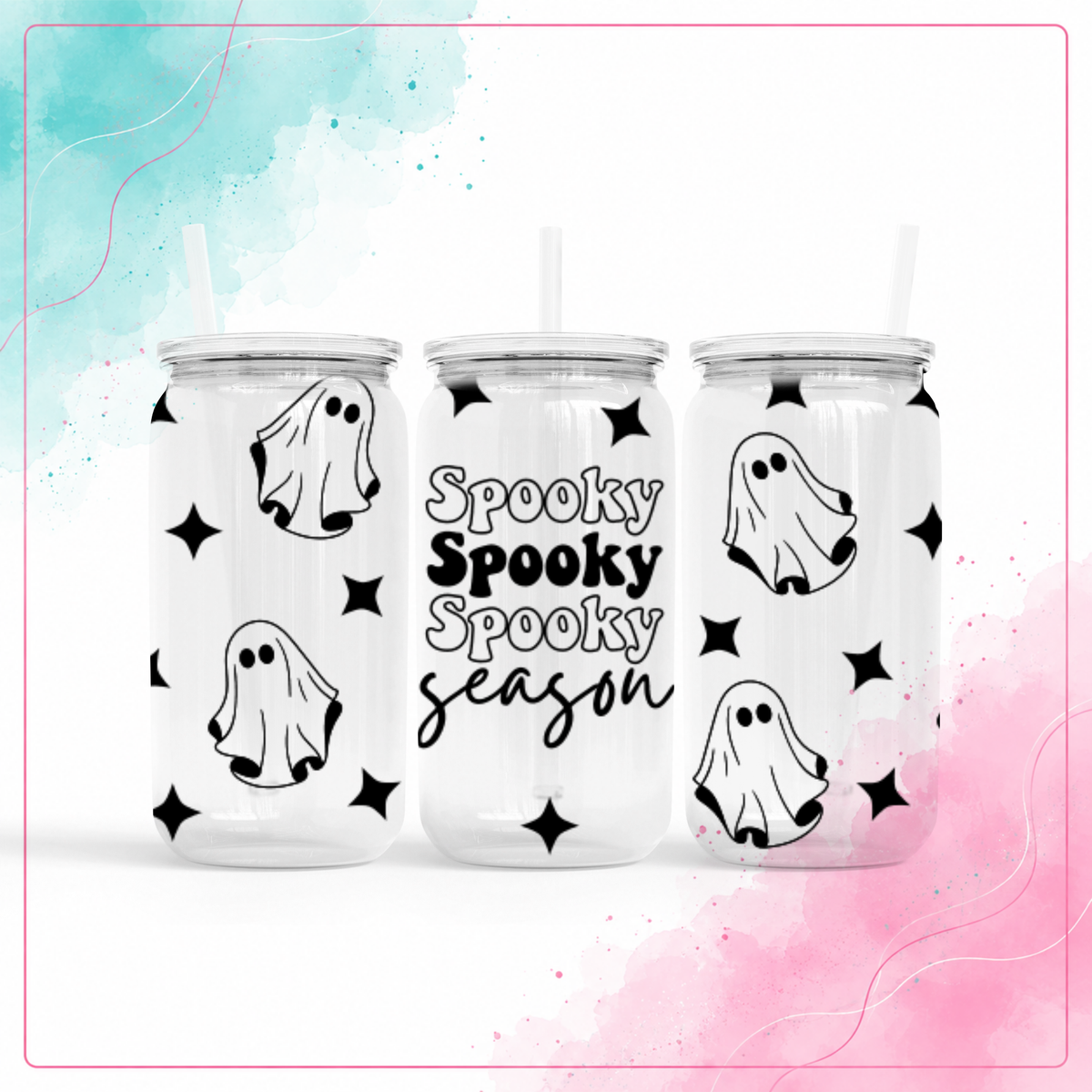 Clear plastic Spooky Season Ghost 16 oz tumbler with clear lid and straw