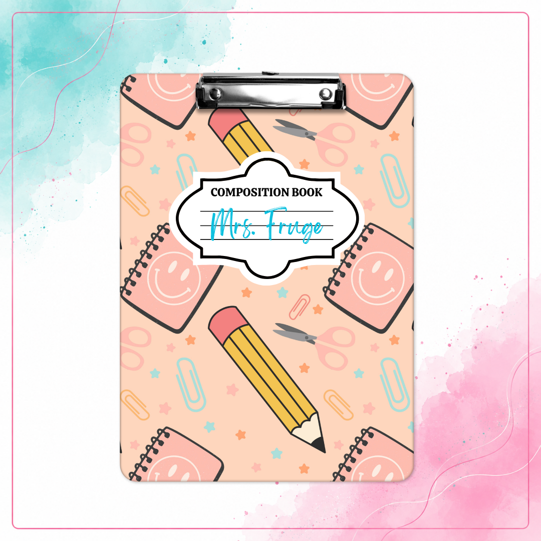 Composition Cutie personalized teacher clipboard with school supply design