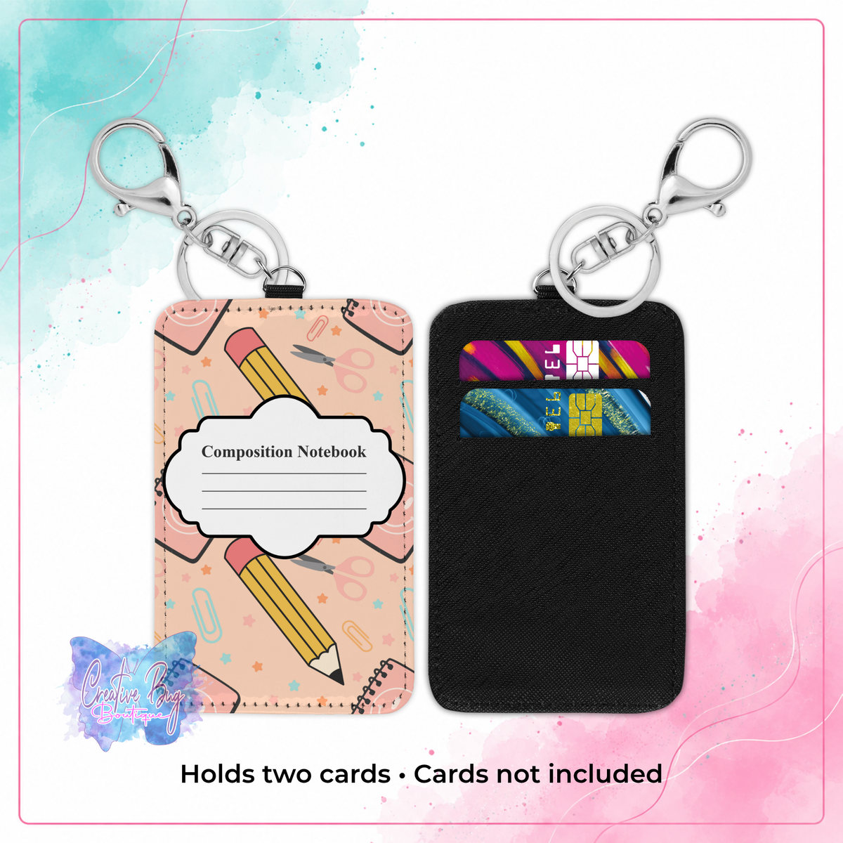Composition Cutie keychain credit card holder shown front and back with school design and two card slots