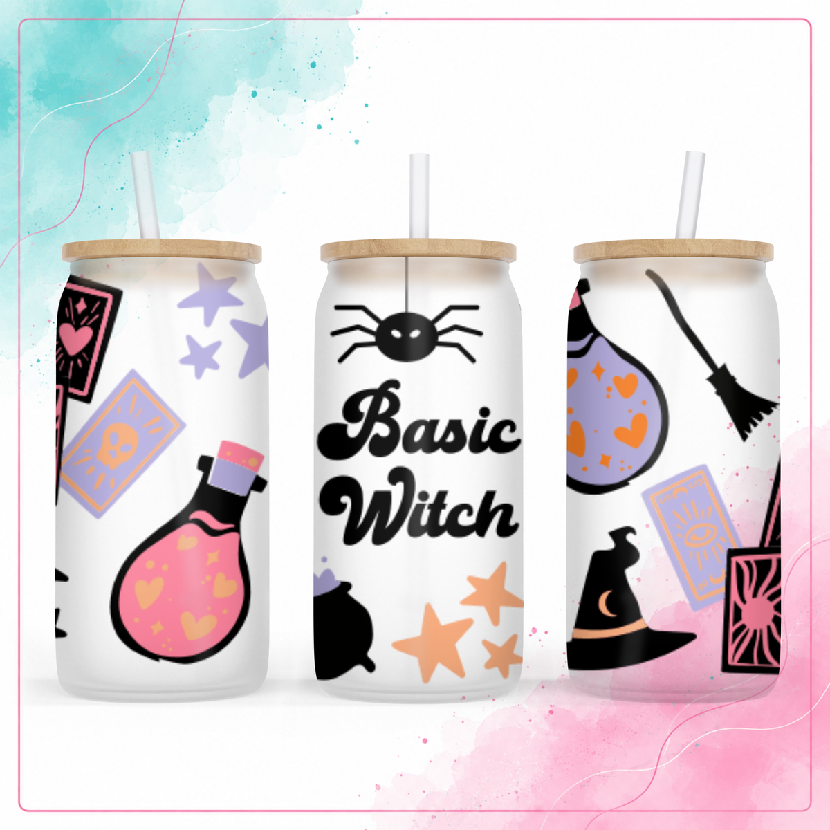 Frosted glass Basic Witch 16 oz tumbler with pastel Halloween design, bamboo lid, and straw