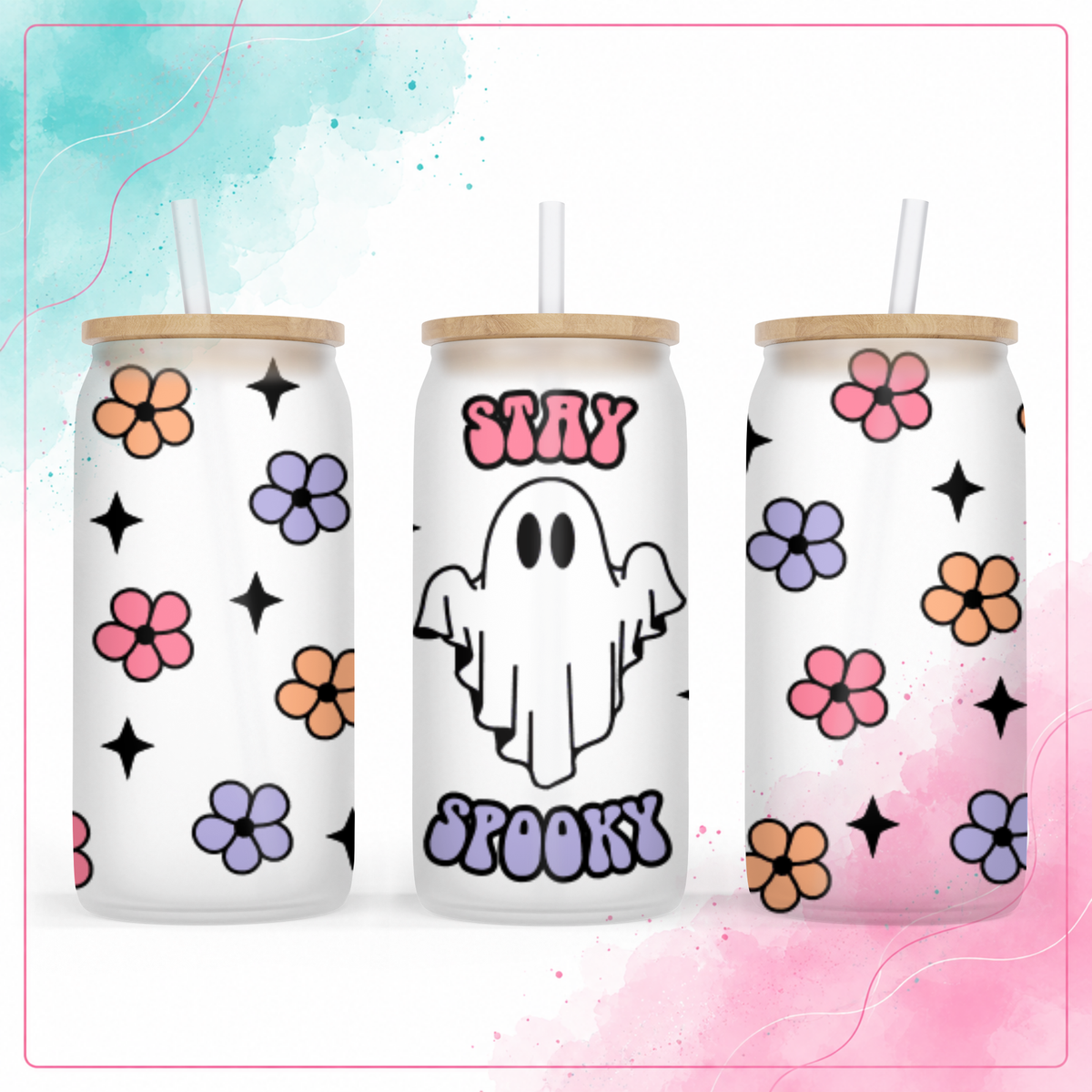 Frosted glass Stay Spooky Retro Ghost 16 oz tumbler with colorful flowers, bamboo lid, and straw