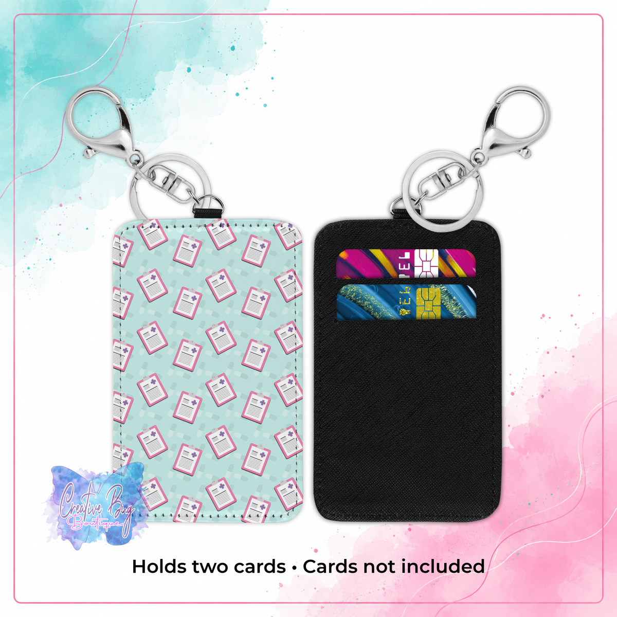 Front and back of healthcare clipboard keychain card holder showing two card slots