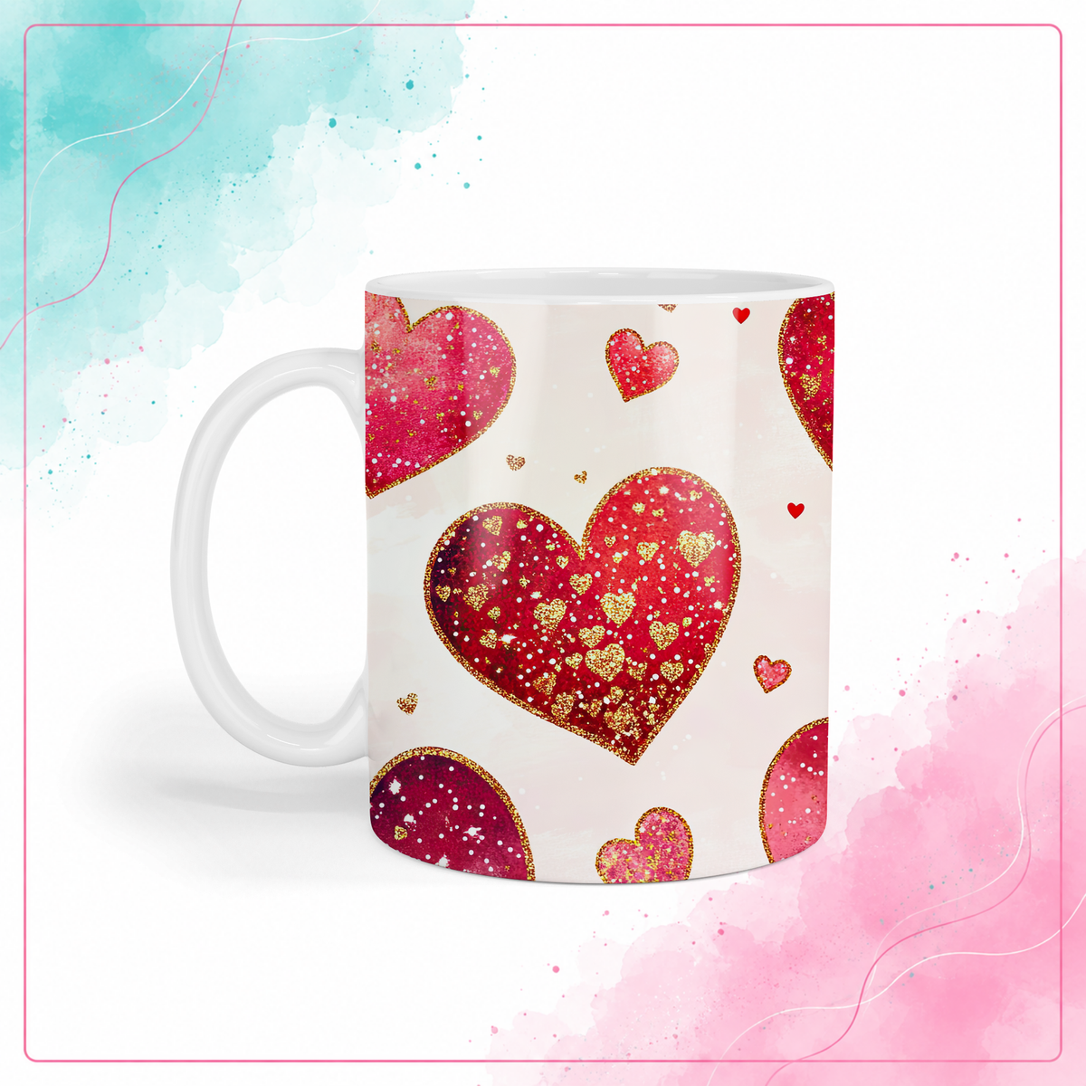 Pink and red heart confetti mug with printed gold glitter accents