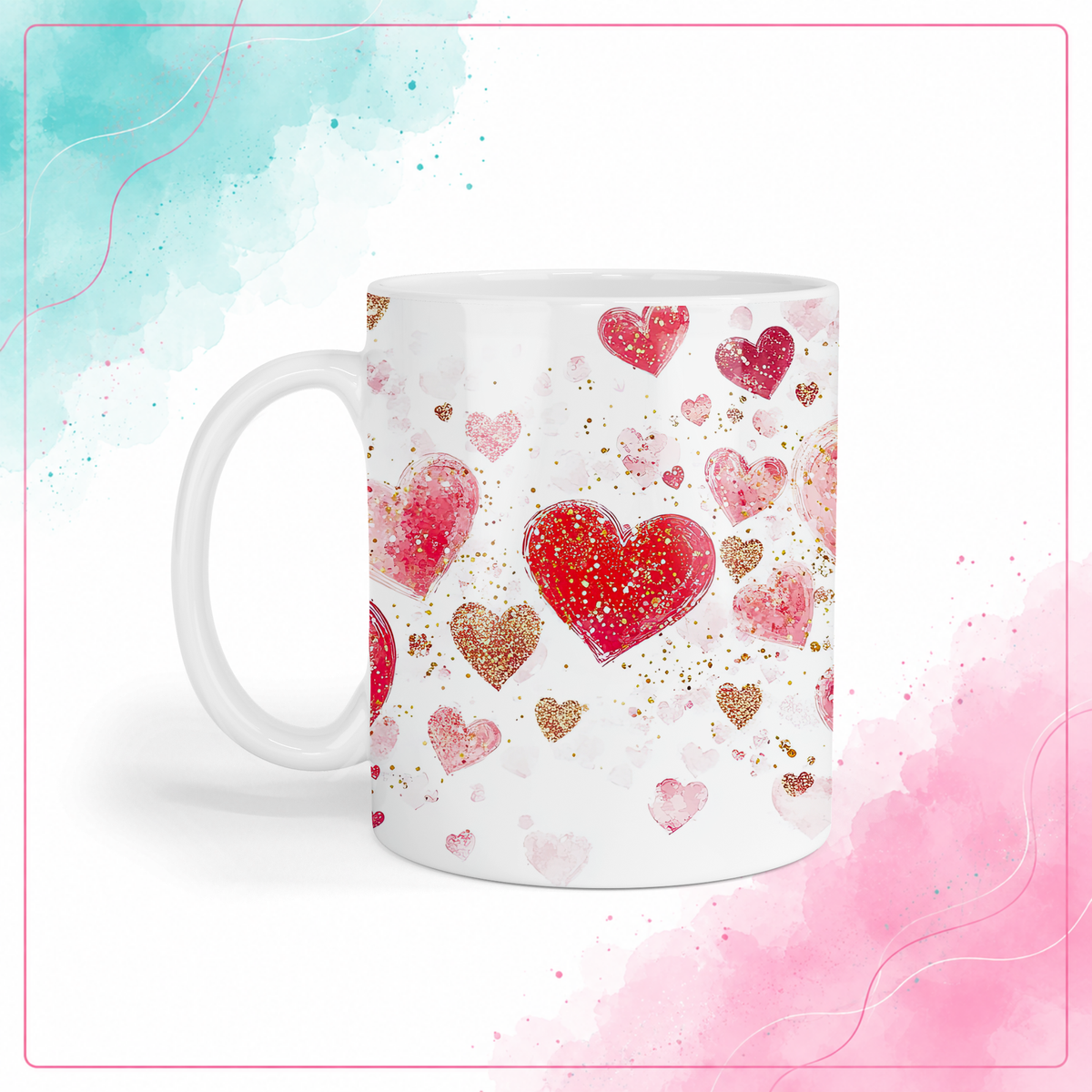 Watercolor pink and red scattered hearts mug with gold accents