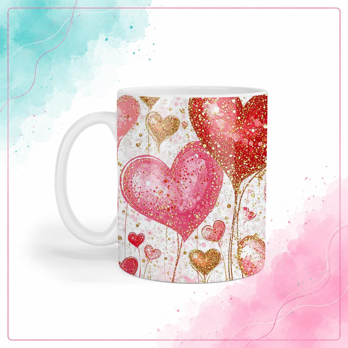 Pink and red watercolor heart balloon mug with printed gold accents