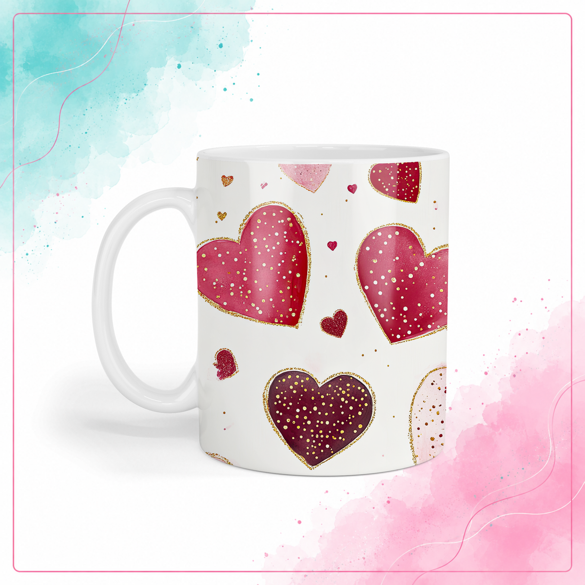 Pink, red, and burgundy hearts mug with printed gold speckles