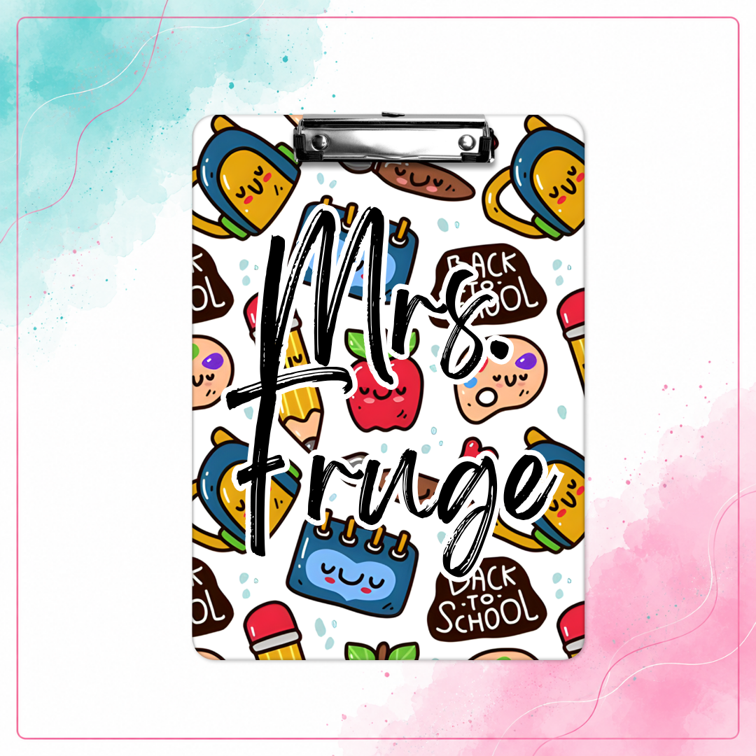 School Day Doodles personalized teacher clipboard with colorful school supplies