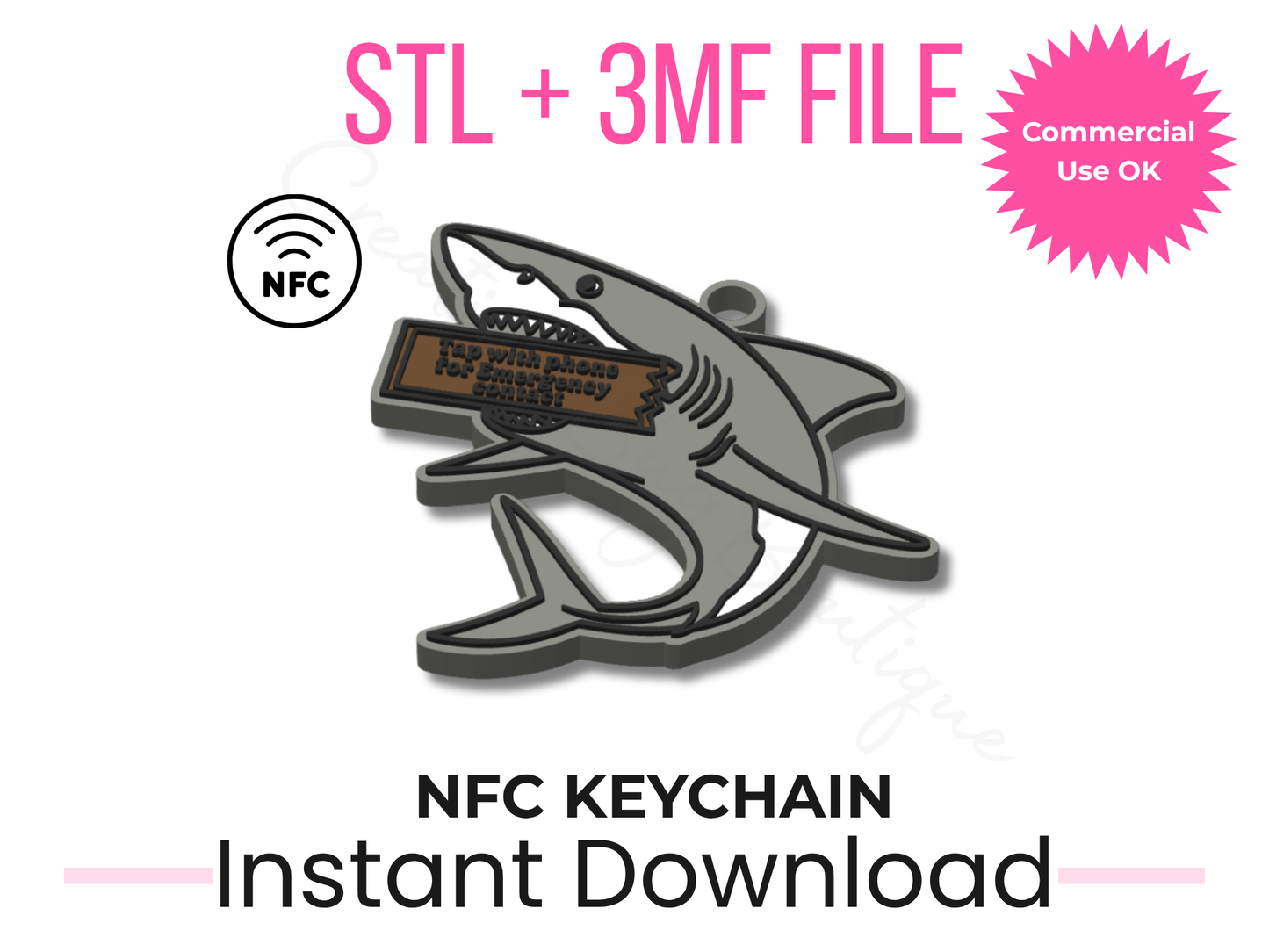 Shark NFC Keychain 3D Print File | Emergency Contact Tag (STL + 3MF)