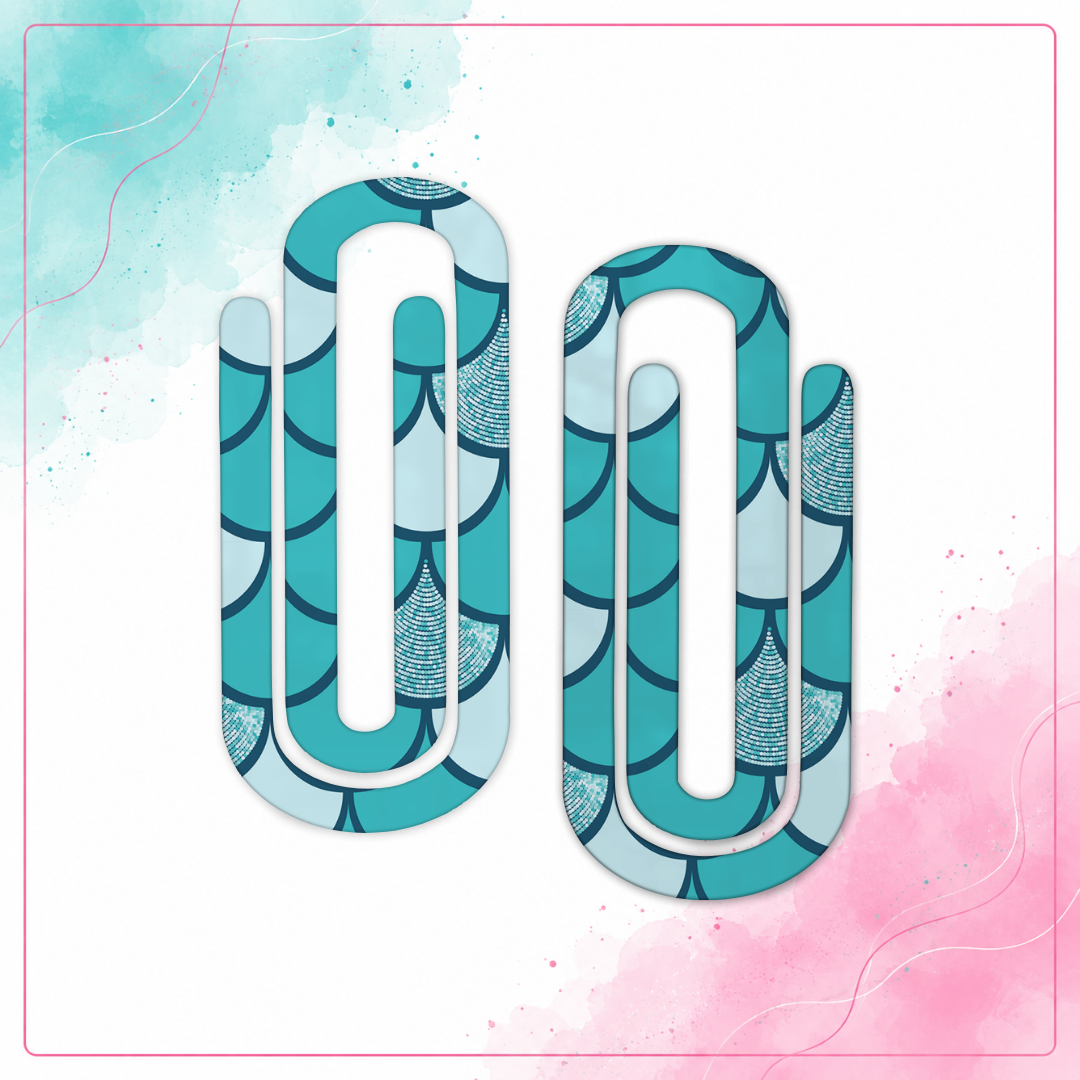 Teal Mermaid Scales Jumbo Paper Clips with light-blue scales and sparkling silver accents