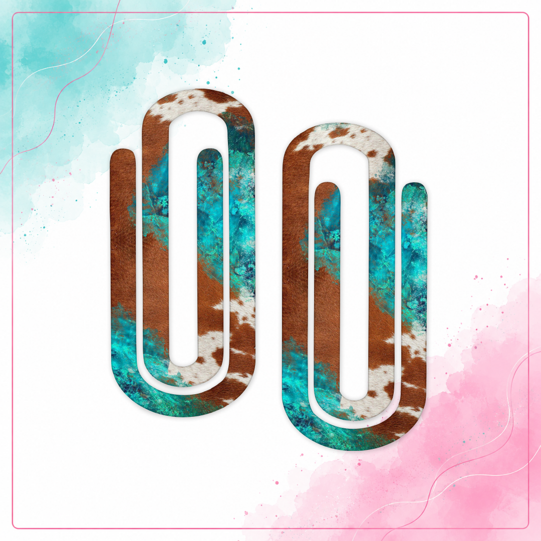 Turquoise Cowhide Jumbo Paper Clips featuring brown and white cow print with distressed turquoise accents