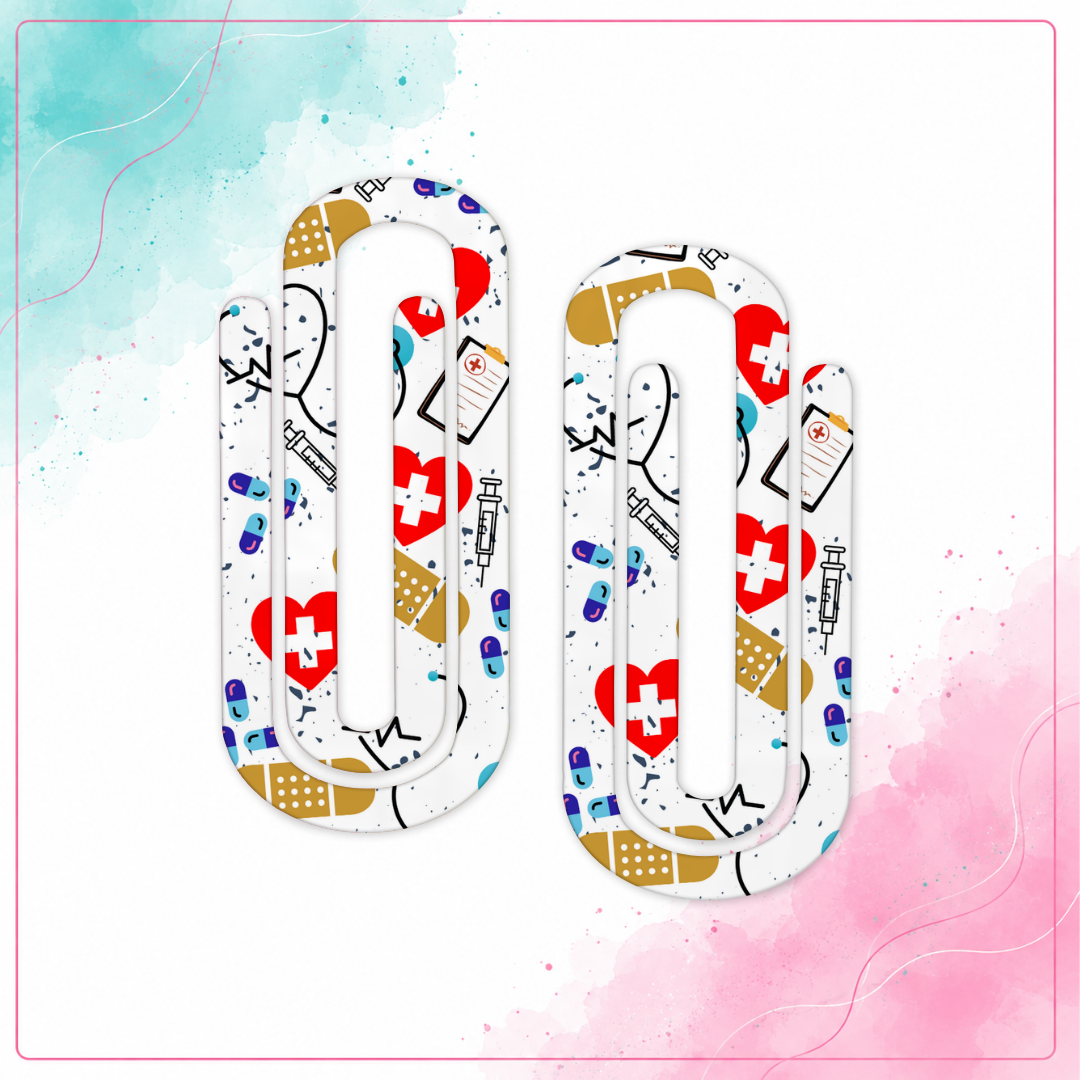 Healthcare Essentials Jumbo Paper Clips with colorful medical icons including stethoscopes, bandages, syringes, pills, and hearts