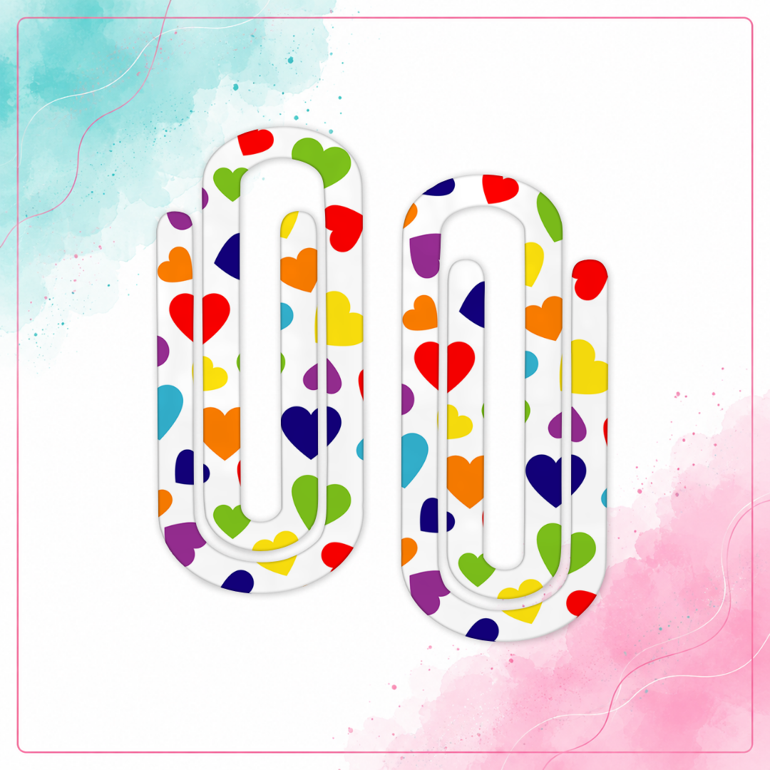 Rainbow Hearts Jumbo Paper Clip with a colorful heart pattern and silver metal clip