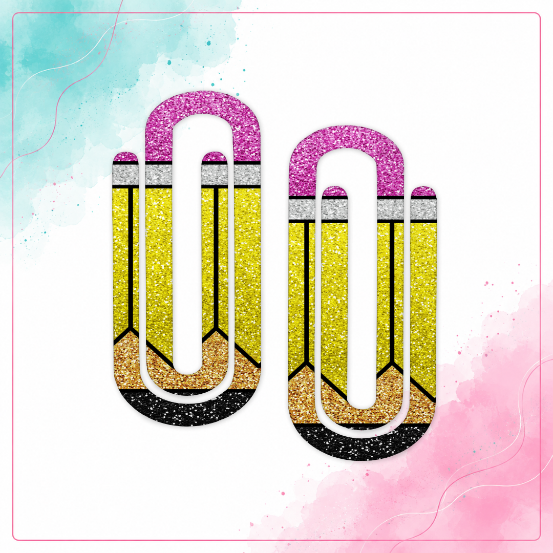 Two glitter pencil jumbo acrylic paper clips with pink erasers, yellow bodies, and gold tips