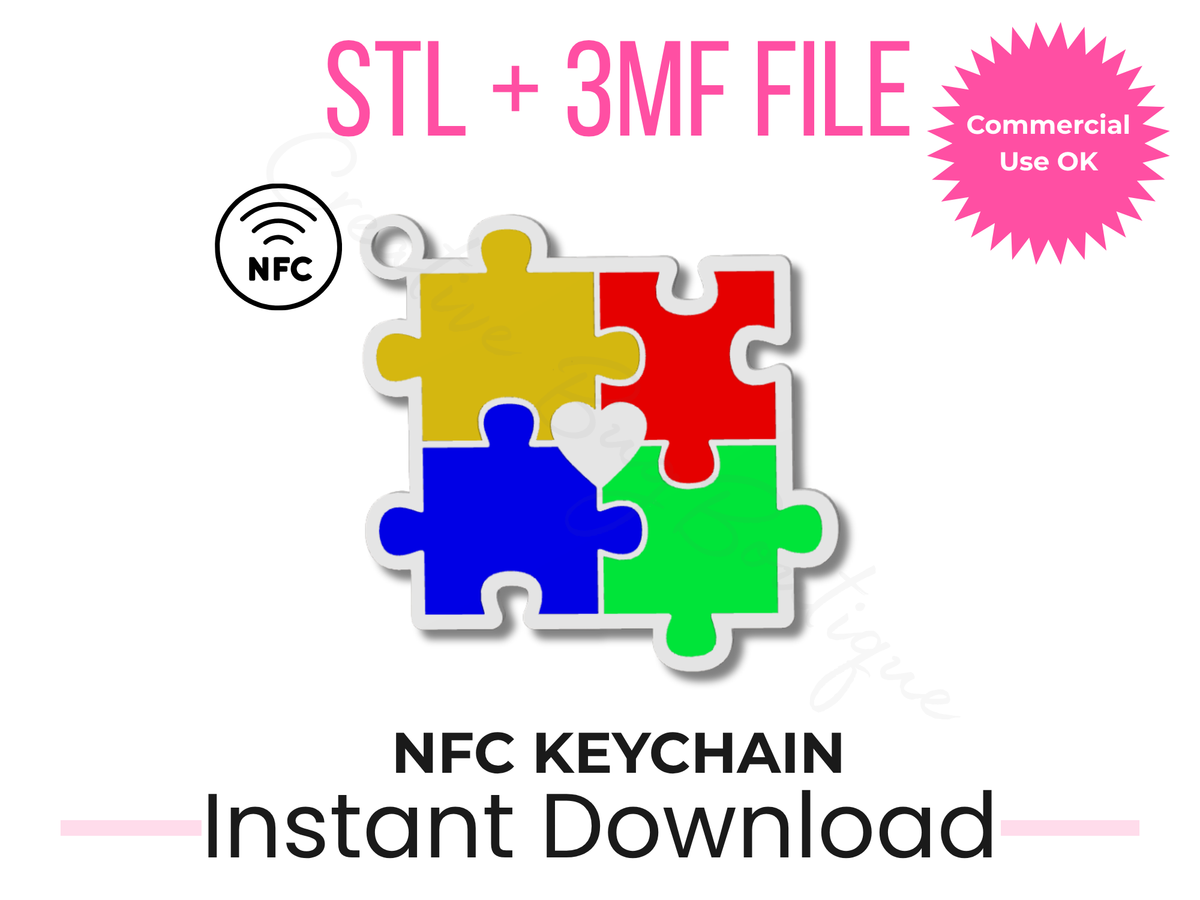 Autism puzzle NFC keychain STL and 3MF 3D print file front view