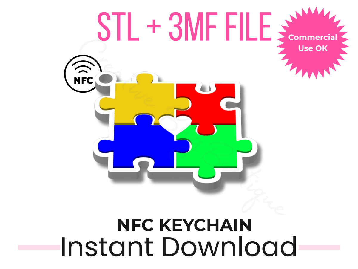Autism puzzle NFC keychain STL and 3MF 3D print file angled view