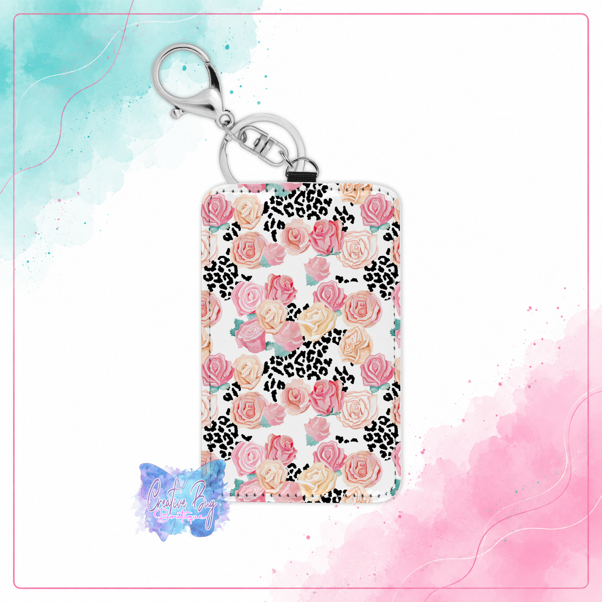 Blush leopard floral keychain card holder with pink roses and black leopard print