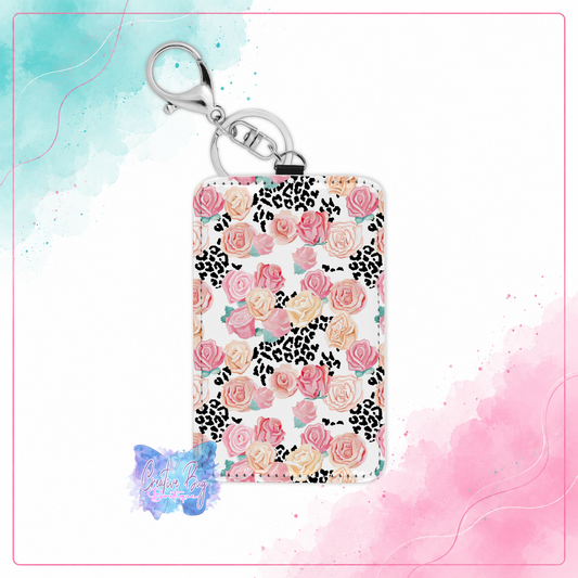 Blush leopard floral keychain card holder with pink roses and black leopard print