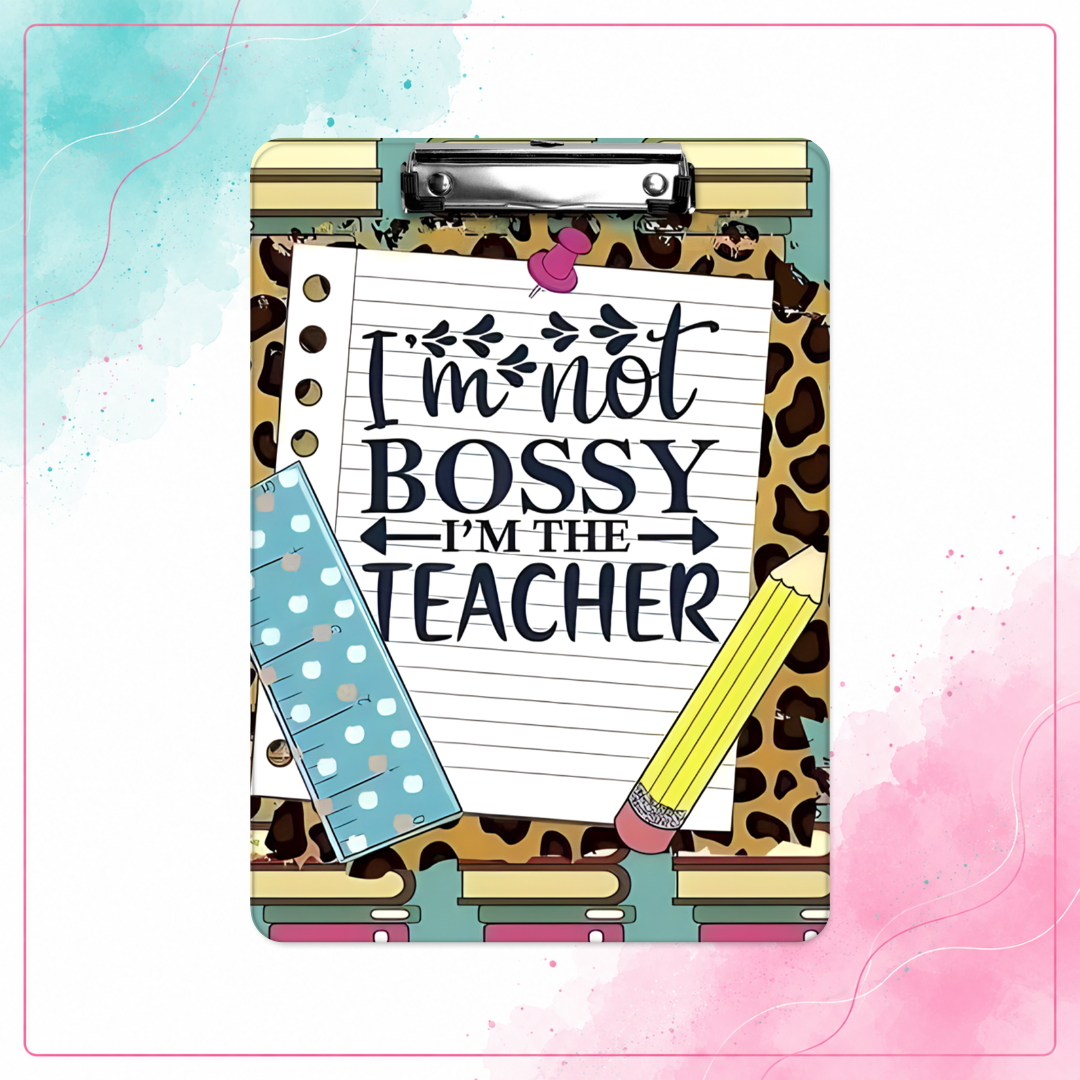 Bossy Teacher Energy personalized teacher clipboard with leopard print and school supplies