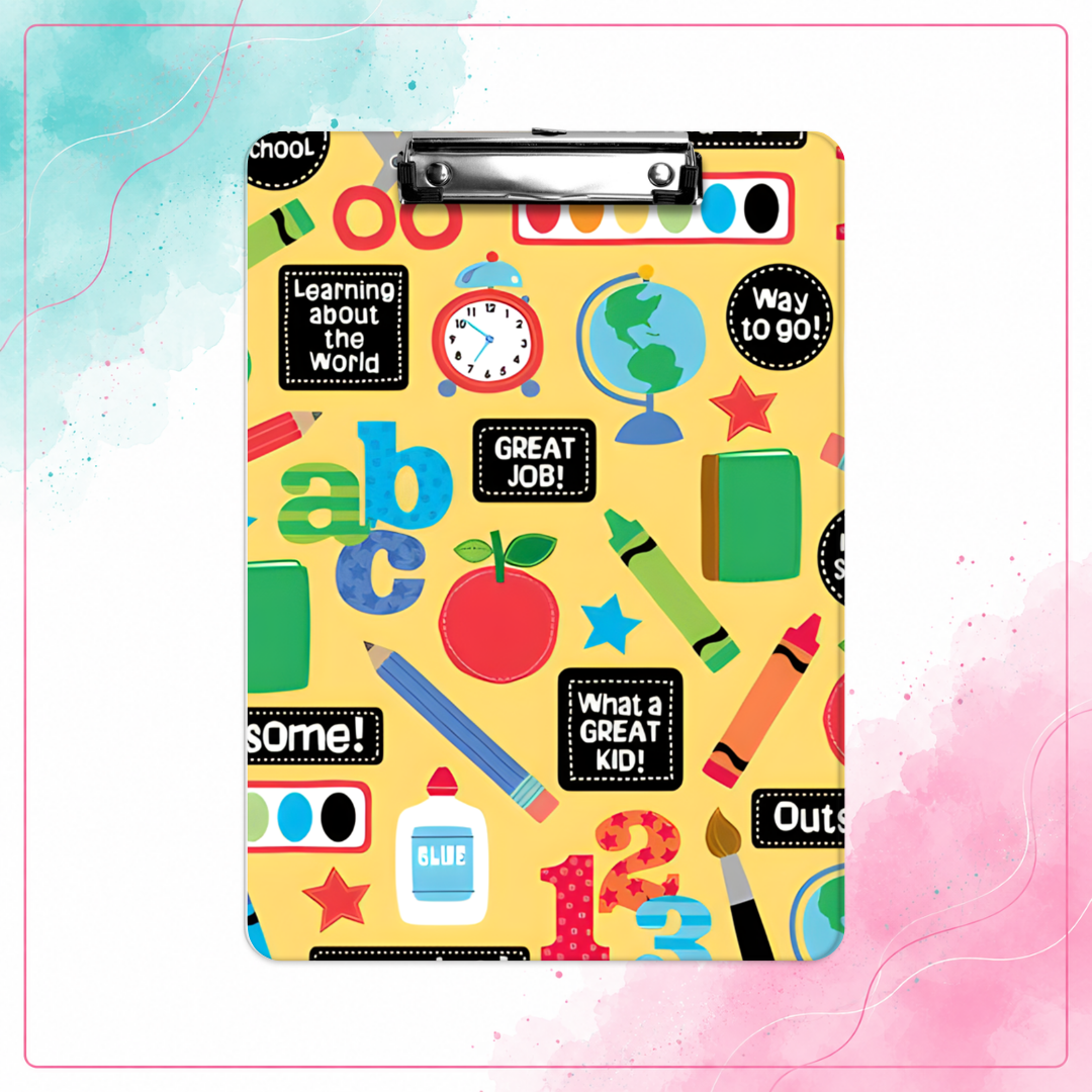 Bright Minds personalized teacher clipboard with colorful school supplies and classroom design