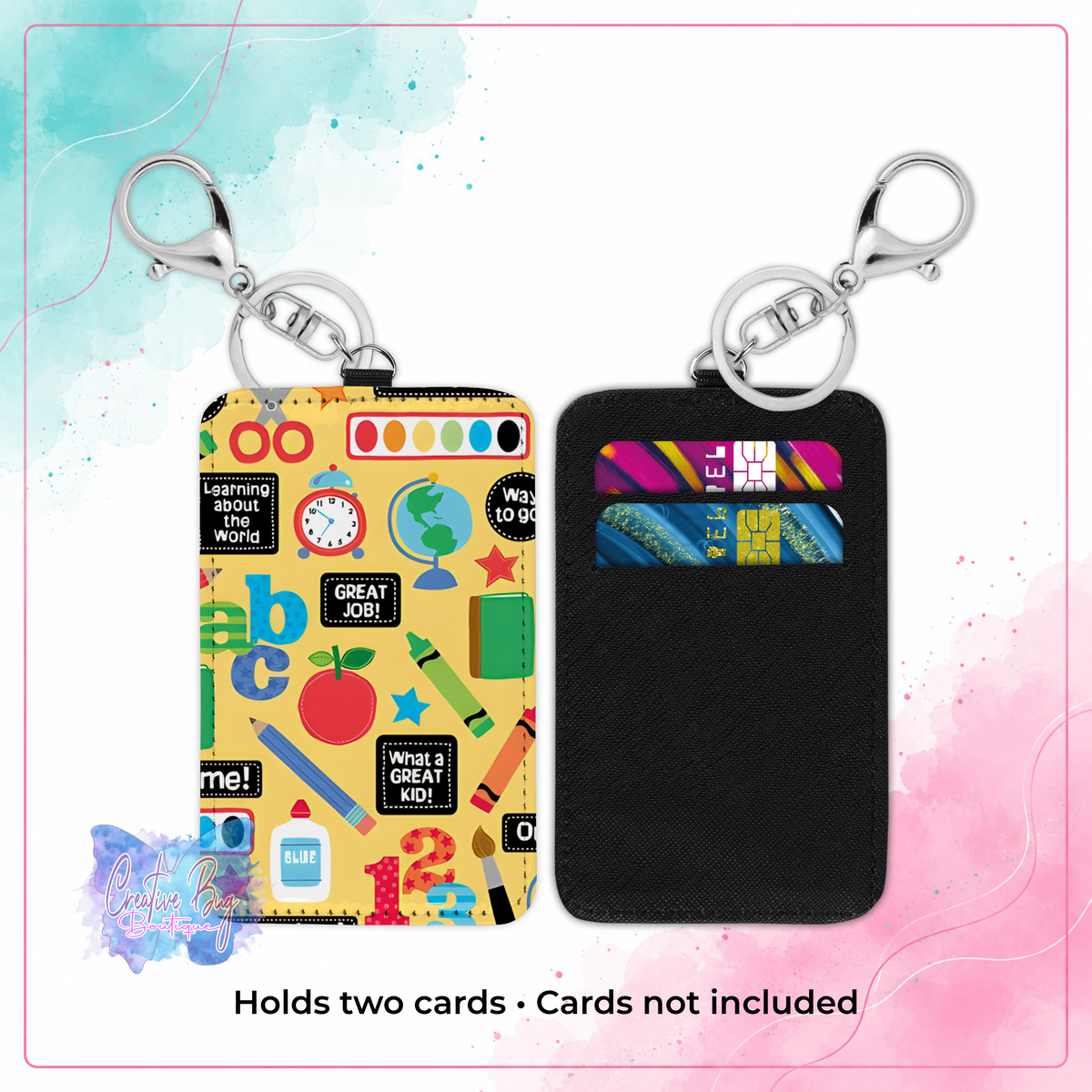 Bright Minds keychain credit card holder shown front and back with colorful school design and two card slots