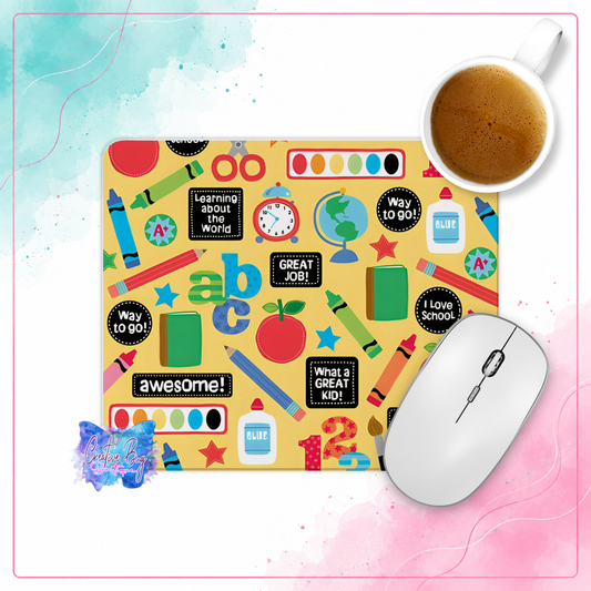 Bright Minds mouse pad with colorful school supplies apples books crayons and classroom graphics
