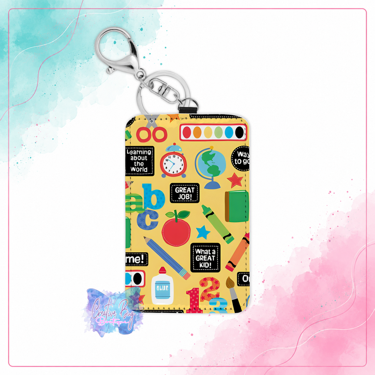 Bright Minds keychain credit card holder with colorful school supplies apples crayons books and classroom design