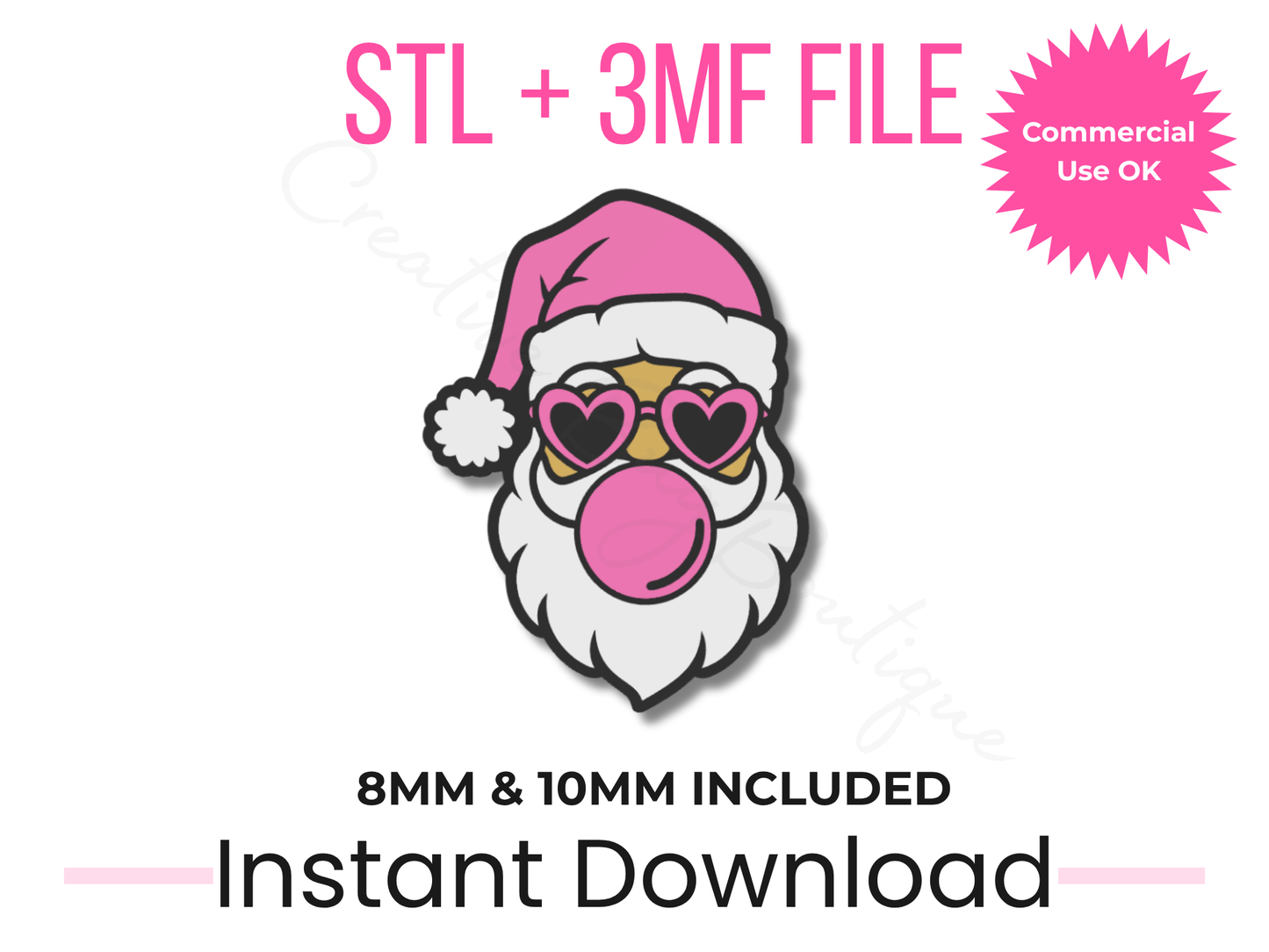 Bubblegum Santa Straw Topper STL File | 8mm & 10mm Stanley Cup Accessory (Digital Download)
