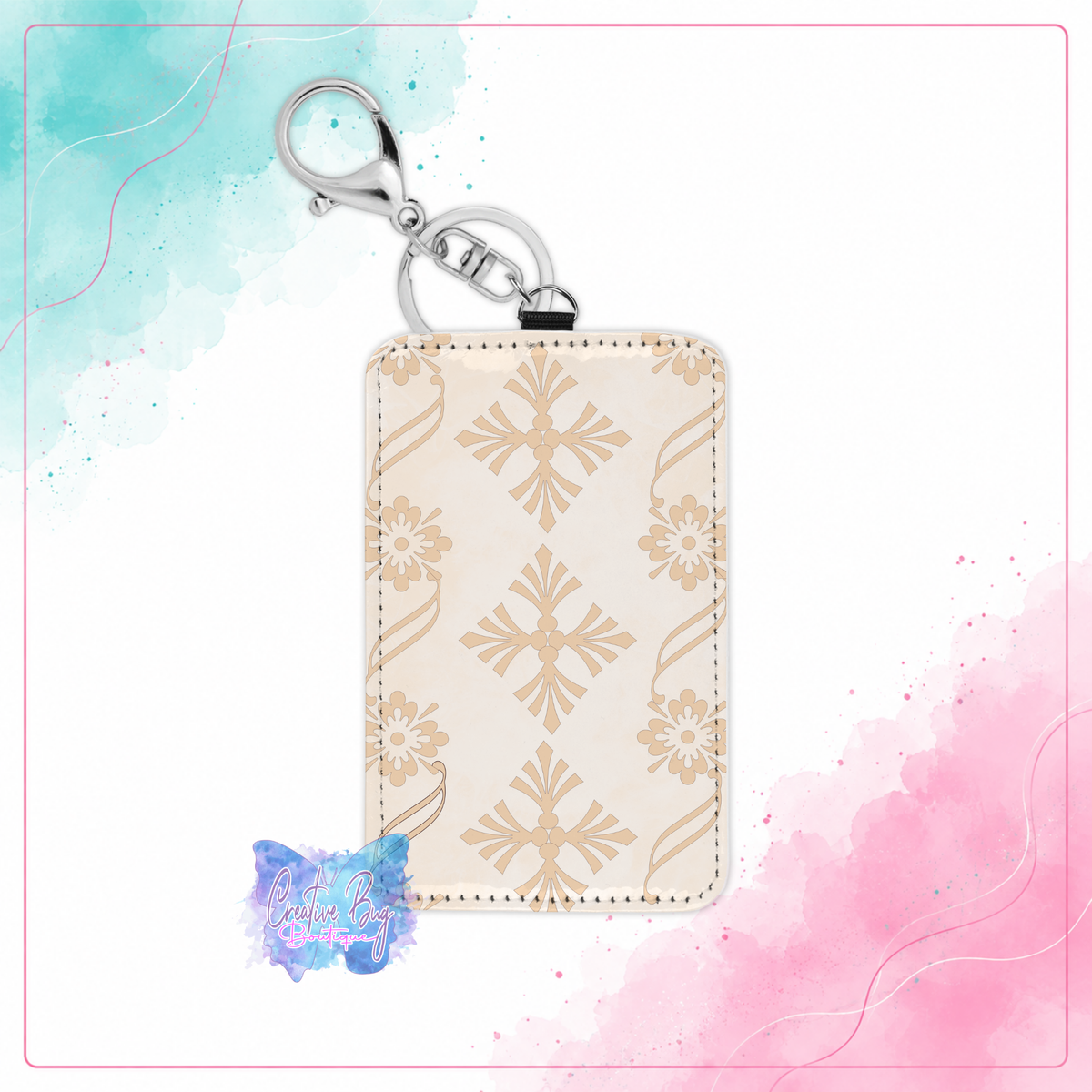 Champagne Floral keychain card holder with cream background and champagne-toned floral pattern