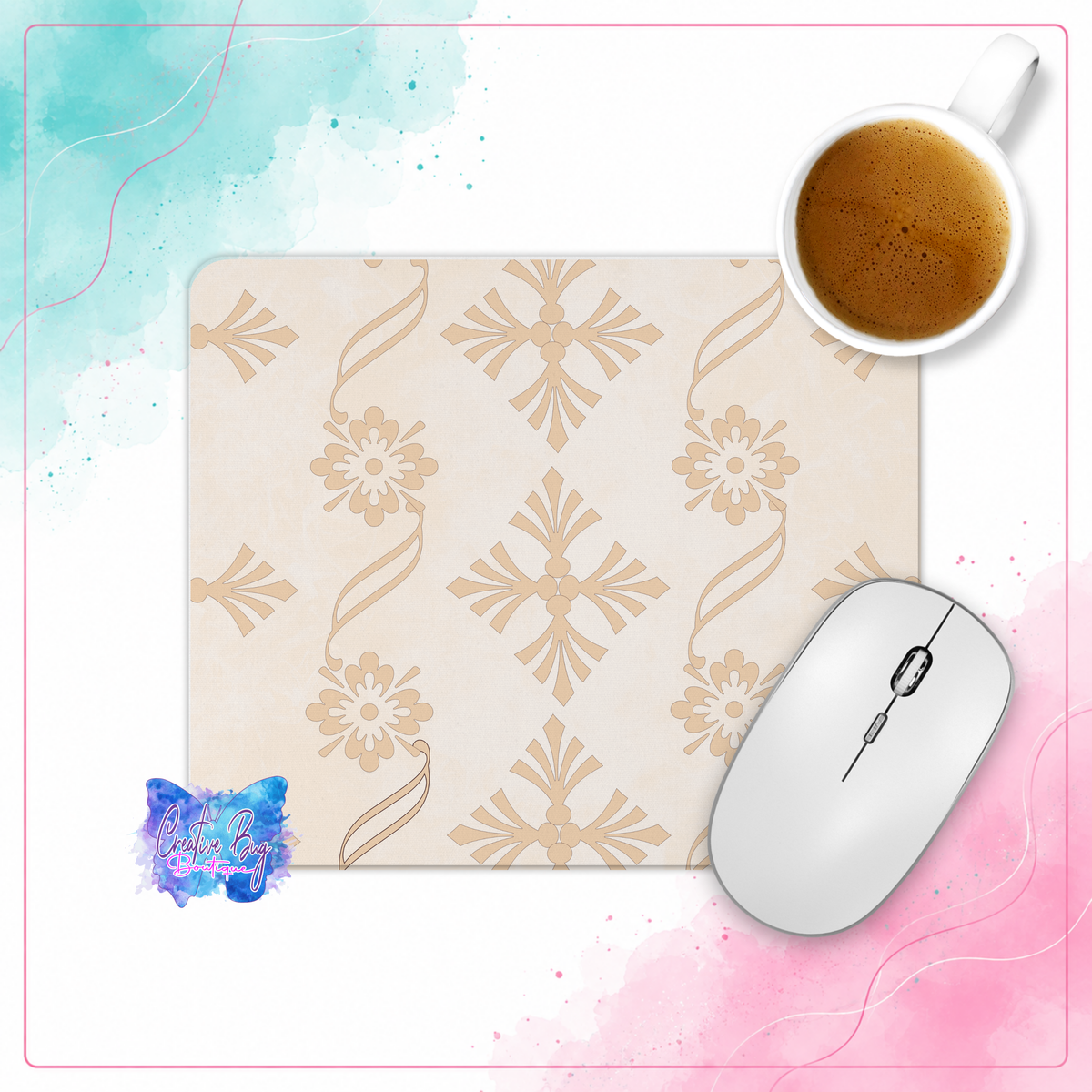 Champagne Floral Mouse Pad, Elegant Cream Floral Desk Decor, Feminine Office Accessory