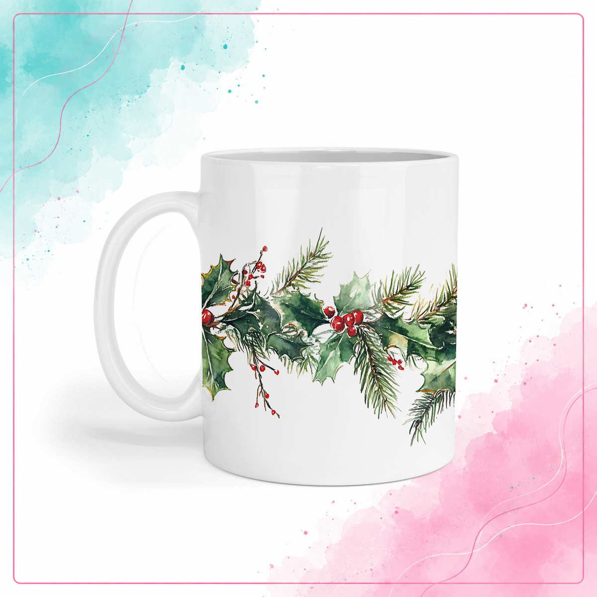 Watercolor Christmas greenery mug with holly garland and red berries