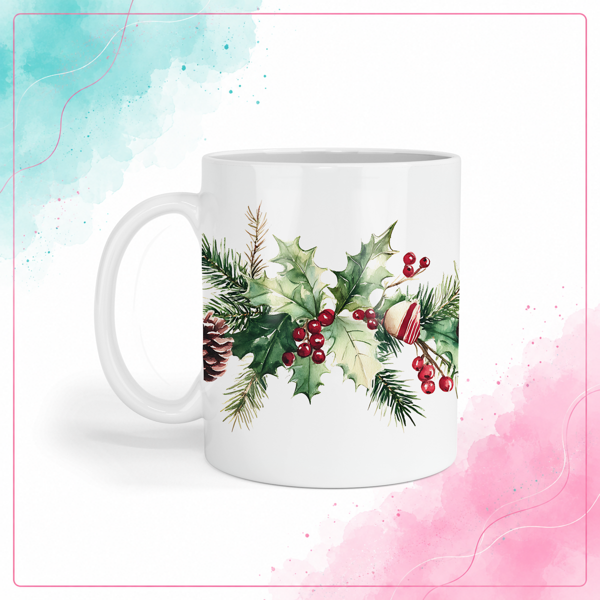Watercolor Christmas mug with peppermint candies, holly, and red berries