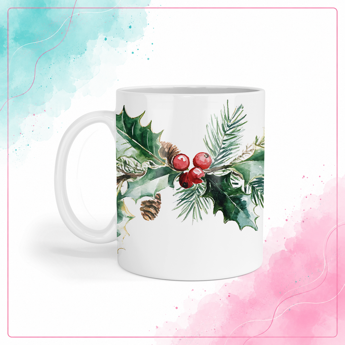 Watercolor Christmas mug with winter greenery, holly, and red berries
