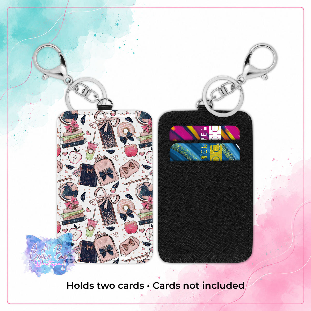 Classroom Chic keychain credit card holder shown front and back with school pattern and two card slots