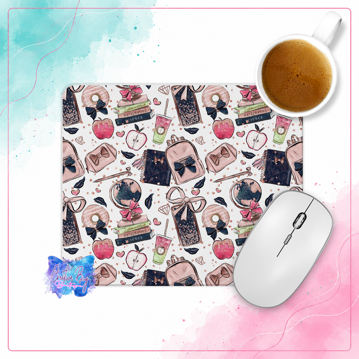 Teacher mouse pad featuring a chic school inspired design with books, bows, globes and apples. A stylish desk accessory or thoughtful teacher gift.