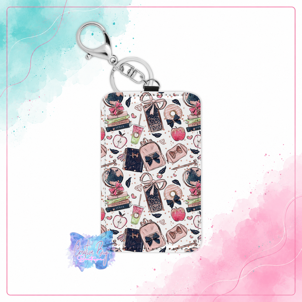 Classroom Chic keychain credit card holder with books bows apples backpacks and globes
