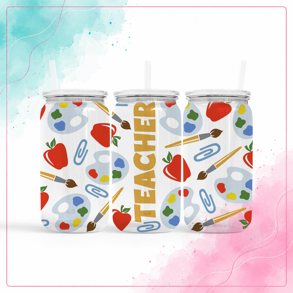 Clear plastic 16 oz Art Teacher can-shaped tumbler with clear lid and straw