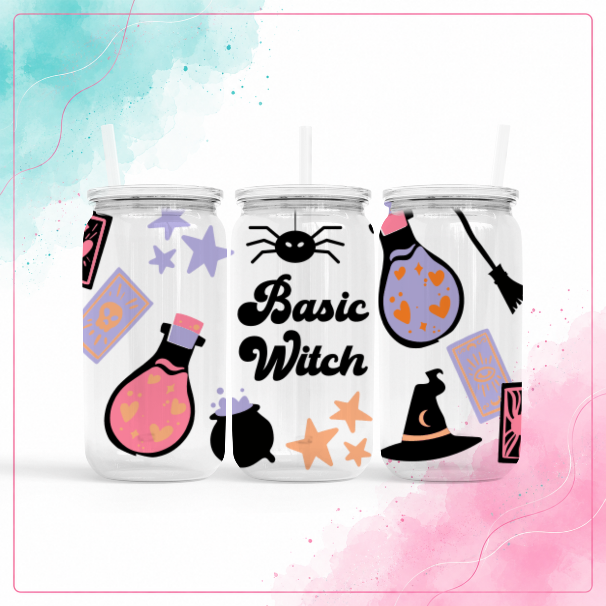 Clear plastic Basic Witch 16 oz tumbler with pastel Halloween design, clear lid, and straw