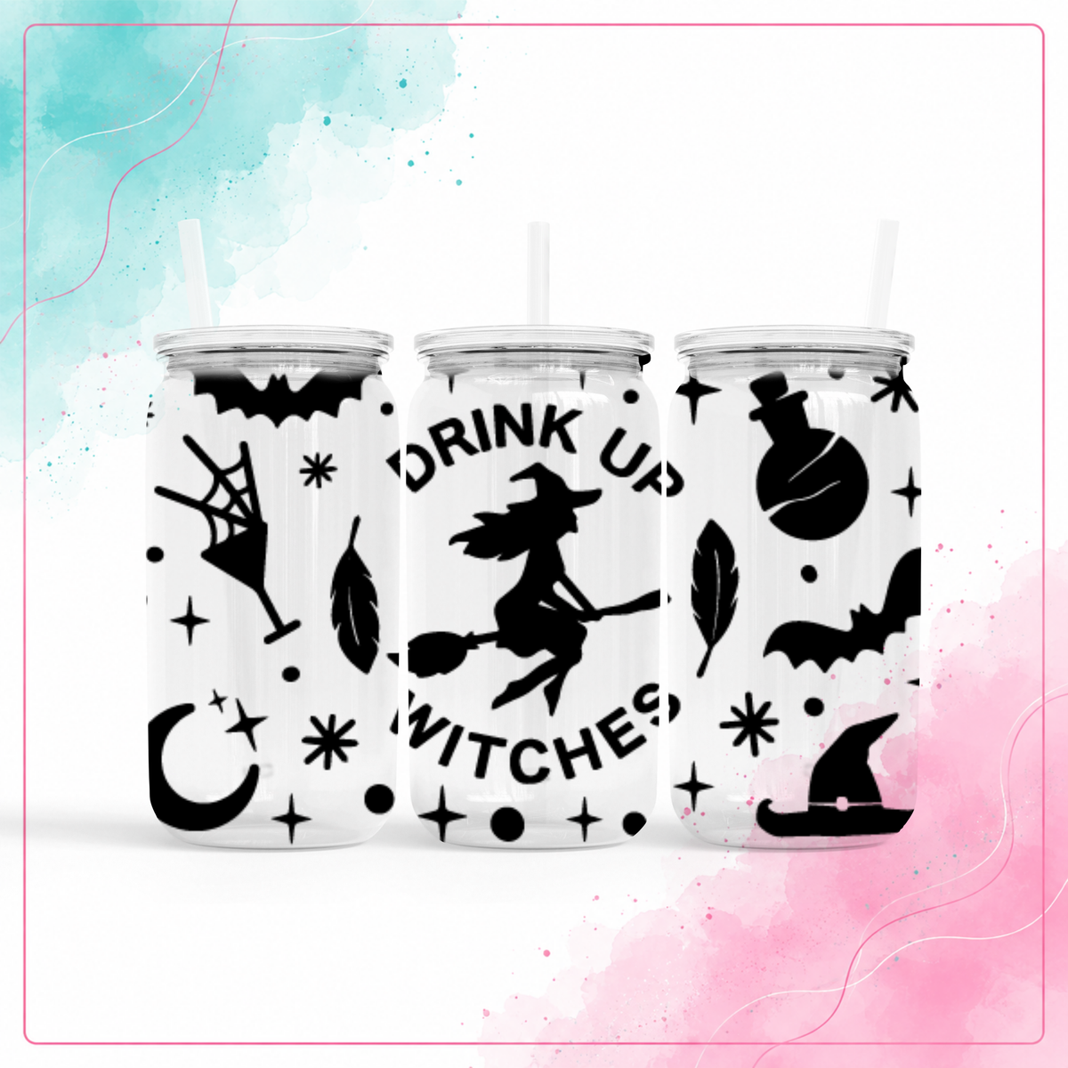 Clear plastic Drink Up Witches 16 oz tumbler with black Halloween design, clear lid, and straw