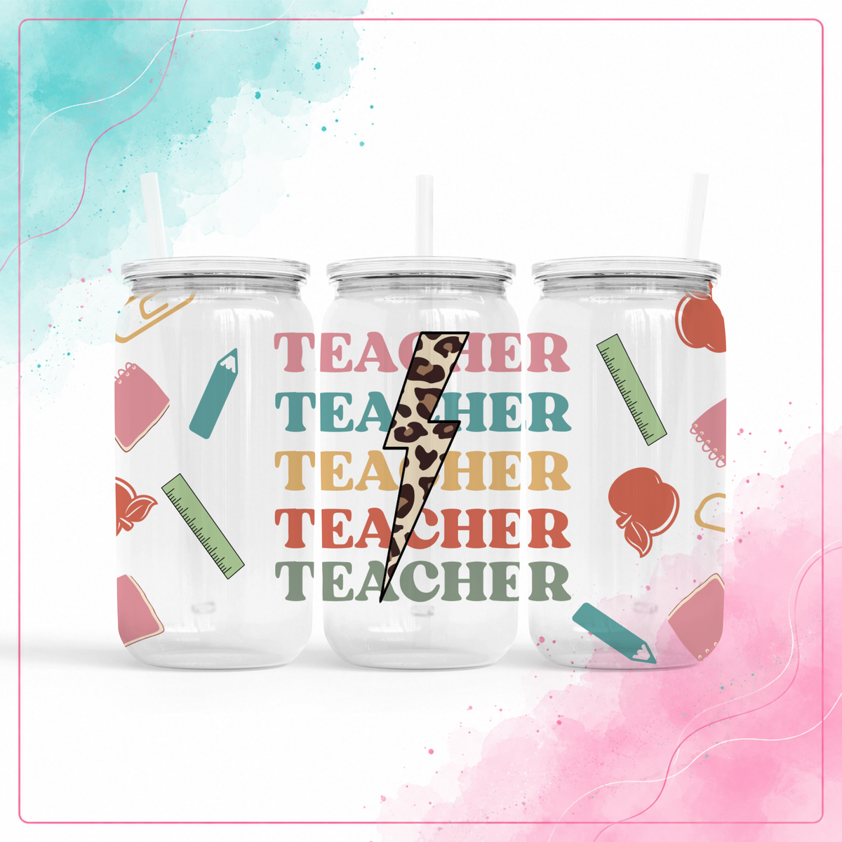 Clear plastic Retro Teacher Power 16 oz tumbler with clear lid and straw